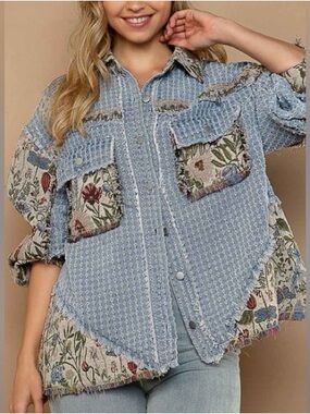 POL Patchwork Floral Shacket in Light Blue and Cream